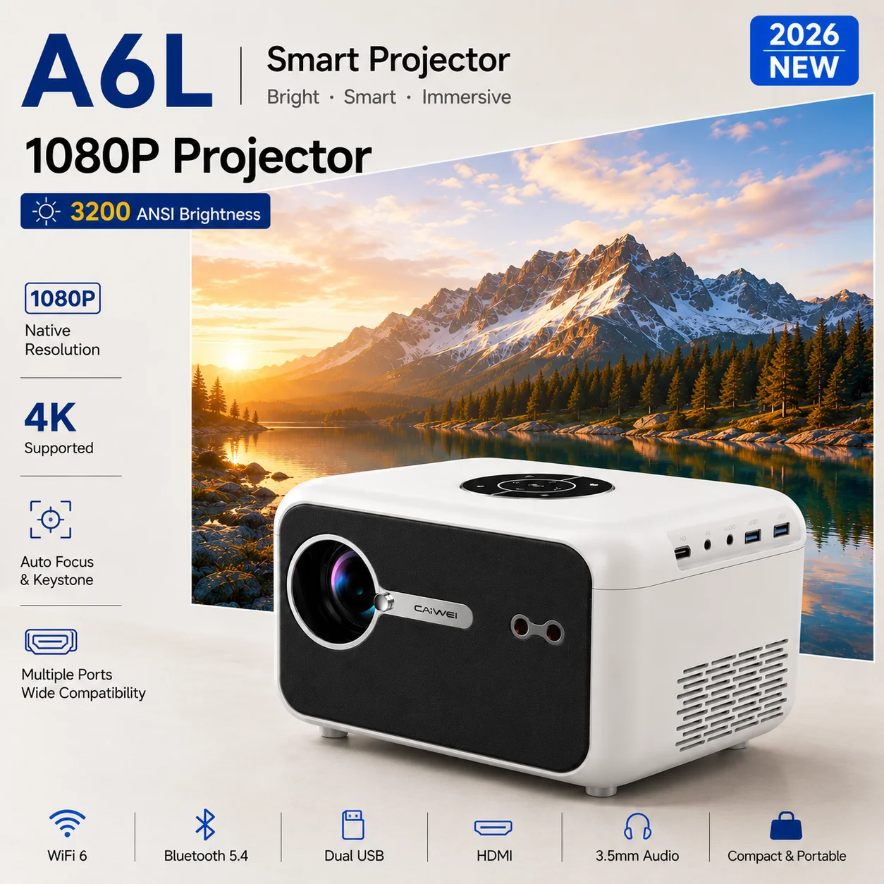 Smart Home Youtube - Proyector Inteligente A6L 3200ANSI con Soporte